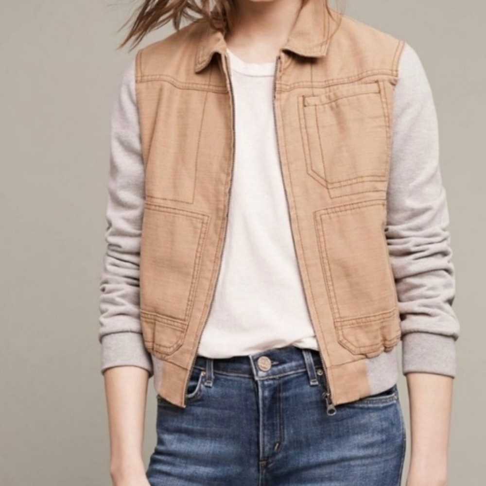 Anthropologie Hei Hei Bomber Jacket Women’s Small Brown Canvas Body Gray Knit